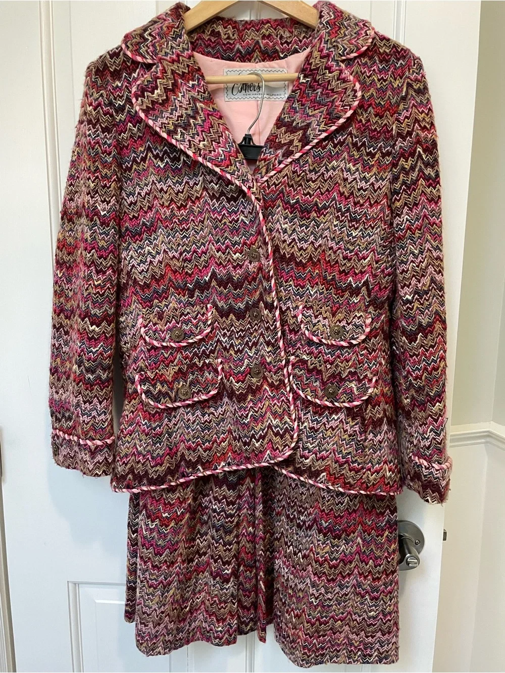 Vintage 1960s Pink Multicolor Flame Chevron Tweed Skirt Suit Set